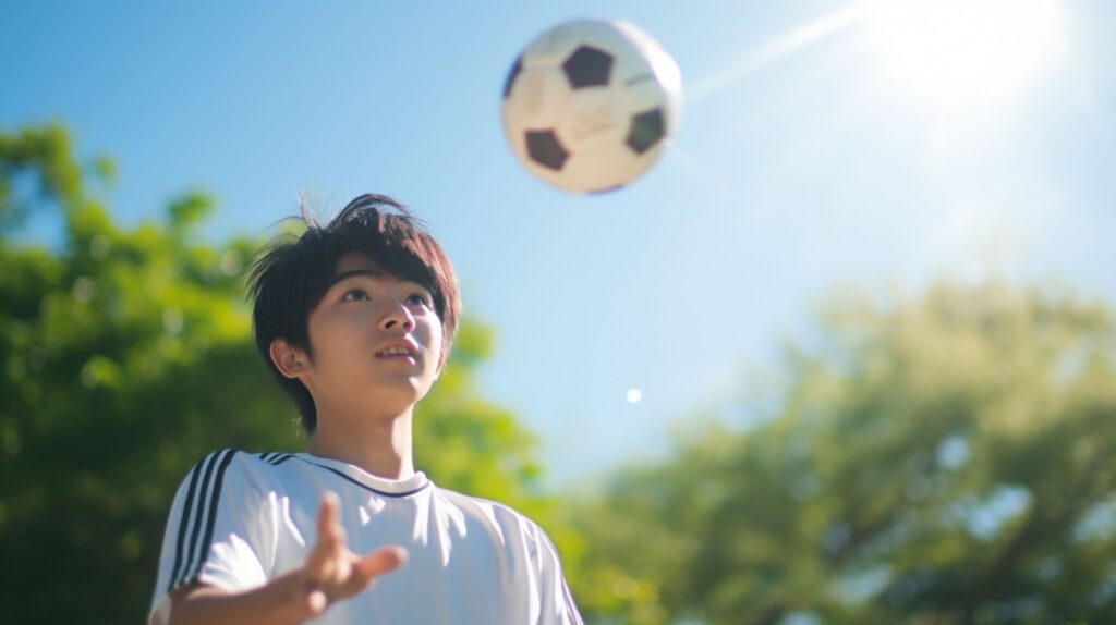 リフティングを練習する小学生のサッカー選手